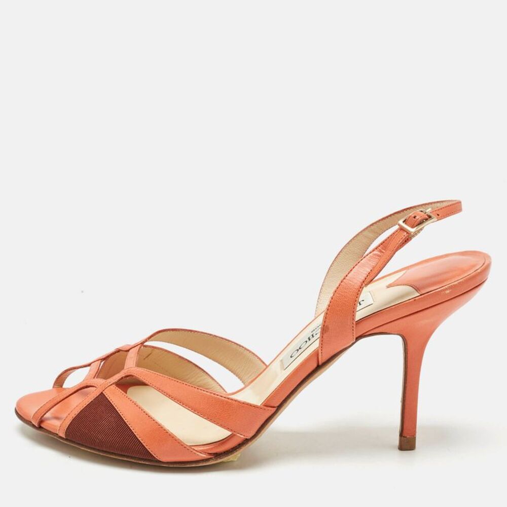 Jimmy Choo Orange Leather And Fabric Strappy Slingback Sandals Size 39.5